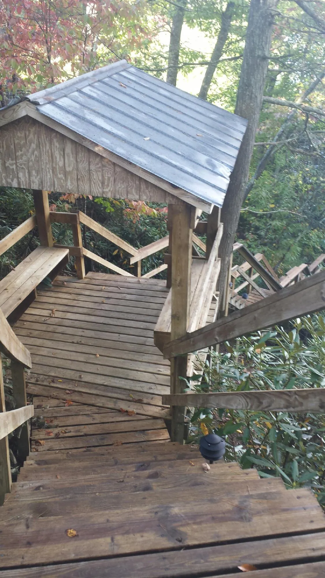 Metal roofed shelter over wooden steps on a wooded walkway — Skylight Repair & Installation work by our crew in Rocky Ford